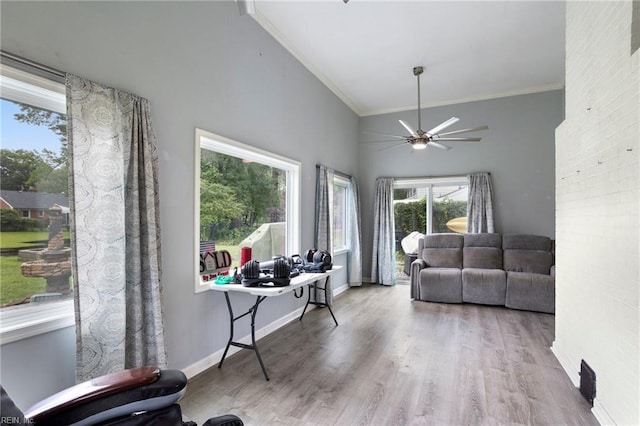 7600 Bridgette Ln, Norfolk, VA 23518 - living room with ornamental molding, wood finished floors, and a ceiling fan