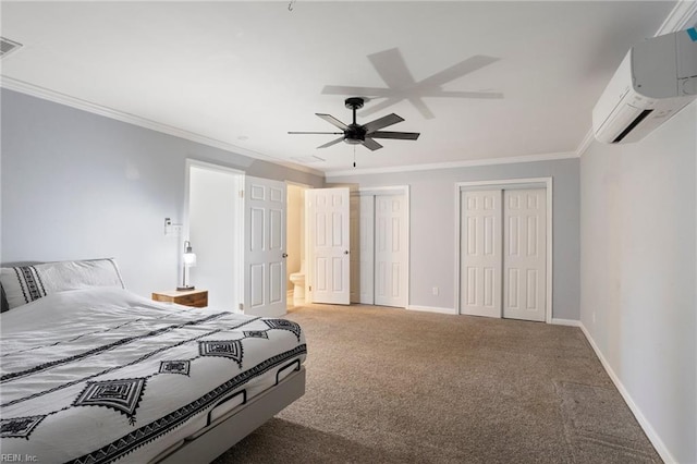 7600 Bridgette Ln, Norfolk, VA 23518 - bedroom with a wall mounted air conditioner, crown molding, carpet flooring, two closets, and a ceiling fan
