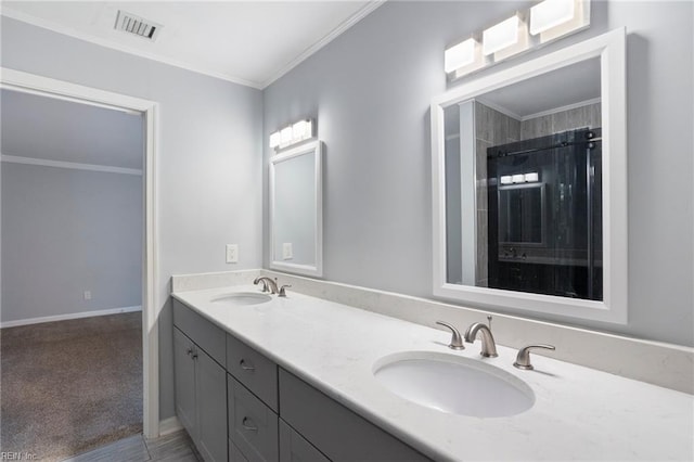 7600 Bridgette Ln, Norfolk, VA 23518 - bathroom with ornamental molding, double vanity, and a shower
