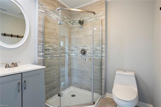 7600 Bridgette Ln, Norfolk, VA 23518 - bathroom featuring crown molding, vanity, and a shower stall