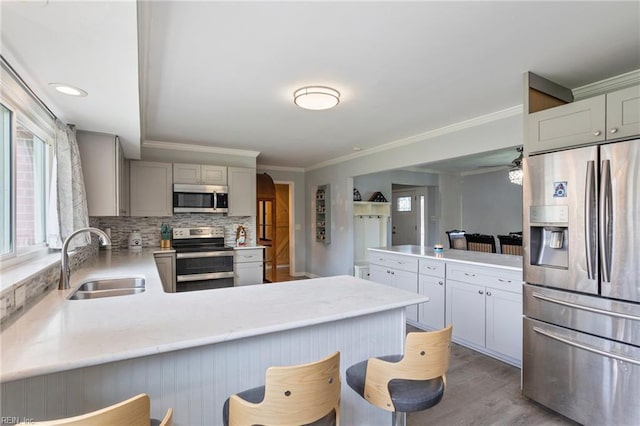 7600 Bridgette Ln, Norfolk, VA 23518 - kitchen featuring appliances with stainless steel finishes, a peninsula, ornamental molding, light wood finished floors, and tasteful backsplash