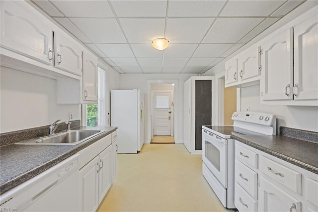 5004 Powhatan Ave, Norfolk, VA 23508 - kitchen featuring white appliances, a drop ceiling, dark countertops, and white cabinetry