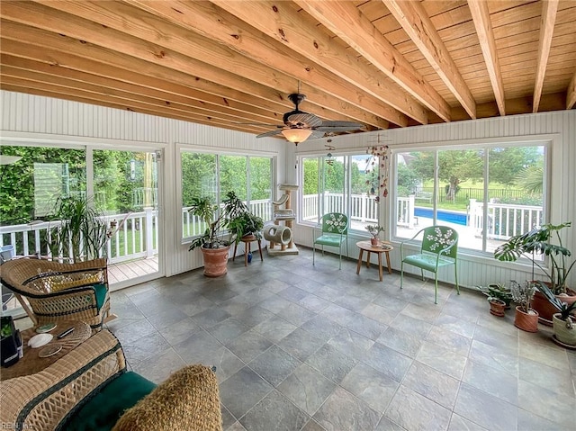 1757 Mill Landing Rd, Virginia Beach, VA 23457 - sunroom with stone tile floors, a ceiling fan, and healthy amount of natural light
