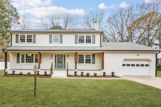 20 Westover Dr, Poquoson, VA 23662 - view of front of property with a chimney, a garage, driveway, brick siding, and covered porch