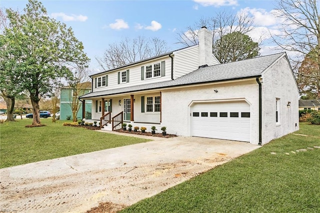 20 Westover Dr, Poquoson, VA 23662 - view of front of home featuring covered porch, a chimney, an attached garage, brick siding, and concrete driveway