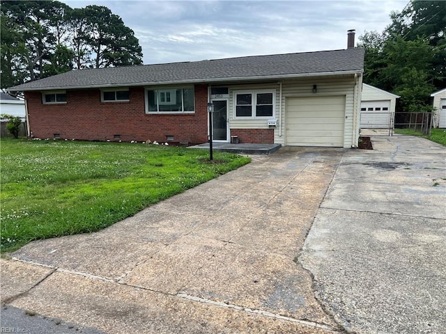 2453 Malden Ave, Norfolk, VA 23518 - ranch-style home featuring a front yard, driveway, brick siding, a garage, and crawl space