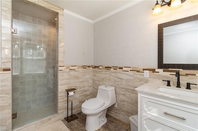 2220 Rodgers St, Chesapeake, VA 23324 - bathroom featuring vanity, crown molding, a stall shower, and tile walls