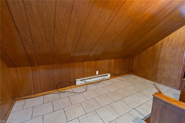 2220 Rodgers St, Chesapeake, VA 23324 - additional living space featuring wood ceiling, baseboard heating, vaulted ceiling, wooden walls, and light tile patterned flooring