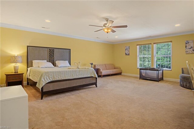 3109 Pleasant Ave, Norfolk, VA 23518 - bedroom featuring crown molding, light carpet, a ceiling fan, and recessed lighting