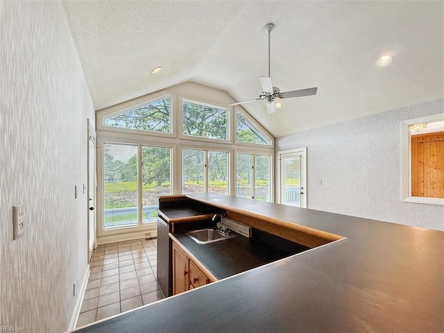 133 Randolphs Grn, Williamsburg, VA 23185 - kitchen featuring lofted ceiling, dark countertops, ceiling fan, and light tile patterned floors