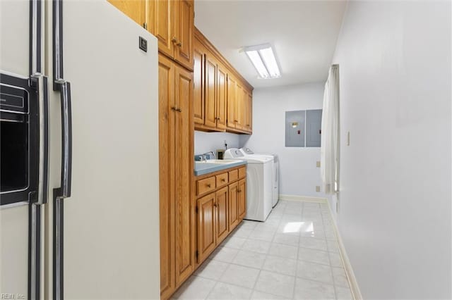 133 Randolphs Grn, Williamsburg, VA 23185 - laundry area with electric panel, cabinet space, washer and dryer, and light tile patterned floors