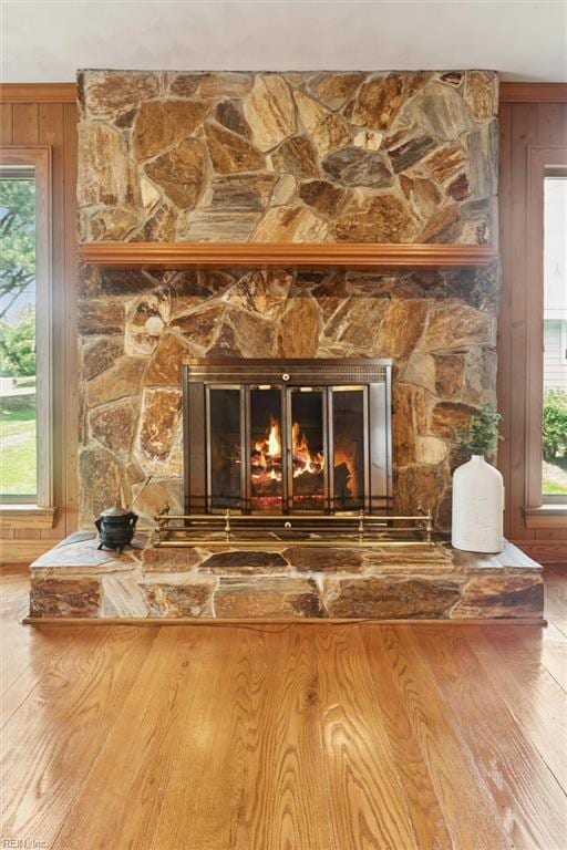 133 Randolphs Grn, Williamsburg, VA 23185 - detailed view of a stone fireplace, wood finished floors, and wood walls