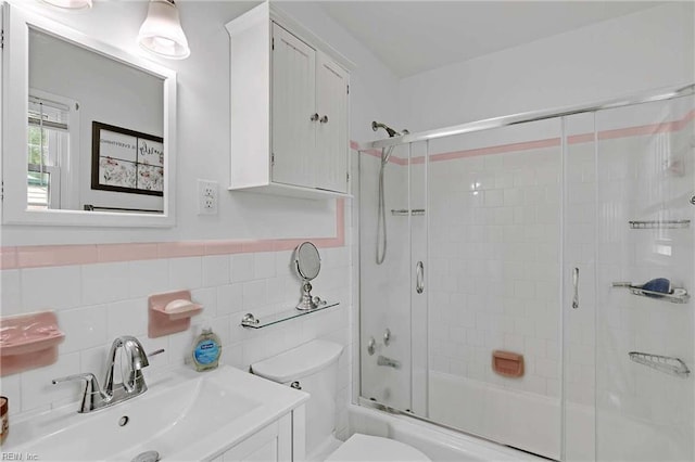 845 Cascade Dr, Newport News, VA 23608 - bathroom with enclosed tub / shower combo, vanity, and tile walls