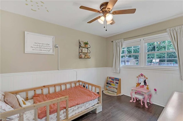 845 Cascade Dr, Newport News, VA 23608 - bedroom featuring dark wood-type flooring, wainscoting, and ceiling fan