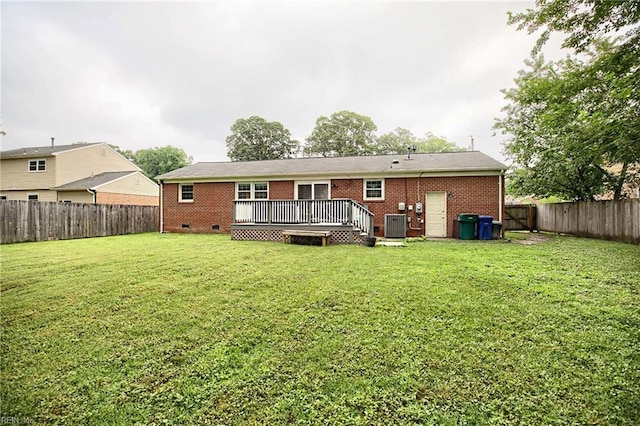 845 Cascade Dr, Newport News, VA 23608 - rear view of property featuring crawl space, a fenced backyard, a deck, and brick siding