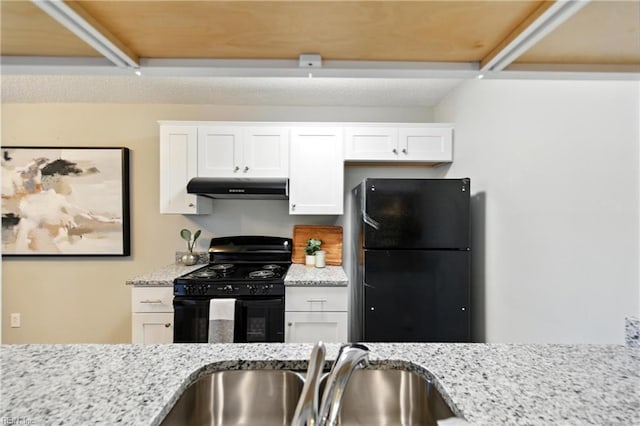 628 Crows Nest Ct Unit 101, Virginia Beach, VA 23462 - kitchen with black appliances, under cabinet range hood, white cabinetry, and light stone counters