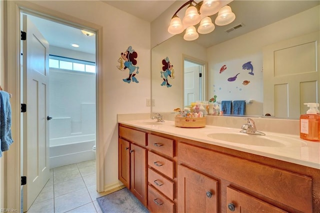 5560 Botanical Dr, Virginia Beach, VA 23455 - bathroom featuring double vanity, tile patterned floors, a chandelier, and shower / bath combination