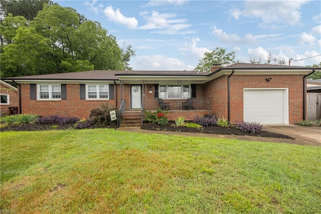 2440 Sir Lance Dr, Chesapeake, VA 23325 - single story home featuring an attached garage, brick siding, driveway, covered porch, and a front yard