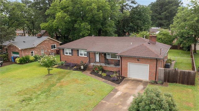 2440 Sir Lance Dr, Chesapeake, VA 23325 - ranch-style house featuring brick siding, an attached garage, a chimney, a porch, and driveway