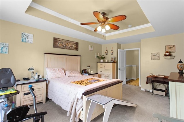 3468 Westham Ln, Toano, VA 23168 - bedroom featuring a tray ceiling, light colored carpet, crown molding, and ceiling fan