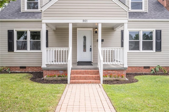 961 Hugo St, Norfolk, VA 23513 - property entrance with crawl space, roof with shingles, covered porch, and a lawn