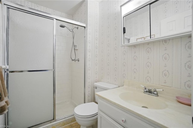 1733 Olde Buckingham Rd, Hampton, VA 23669 - bathroom featuring a shower stall, wallpapered walls, and vanity