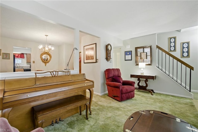 1733 Olde Buckingham Rd, Hampton, VA 23669 - carpeted living room with stairs and a chandelier