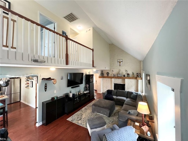 5806 Edith Ct, Virginia Beach, VA 23464 - living room with dark wood finished floors, high vaulted ceiling, and a fireplace