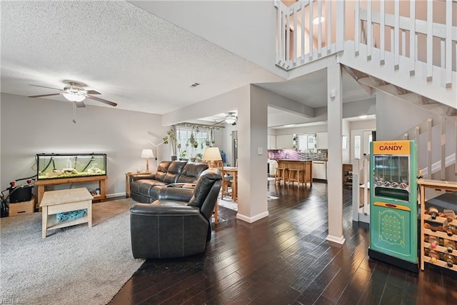 1712 Willwood Ct, Virginia Beach, VA 23464 - living room with a ceiling fan, wood-type flooring, stairway, and a textured ceiling