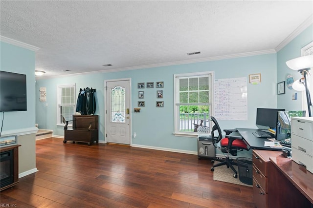301 Ashland Ct, Newport News, VA 23606 - home office with hardwood / wood-style floors, crown molding, and a textured ceiling