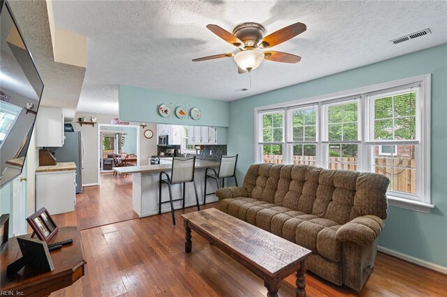 301 Ashland Ct, Newport News, VA 23606 - living room with a textured ceiling, healthy amount of natural light, ceiling fan, and dark wood-style floors