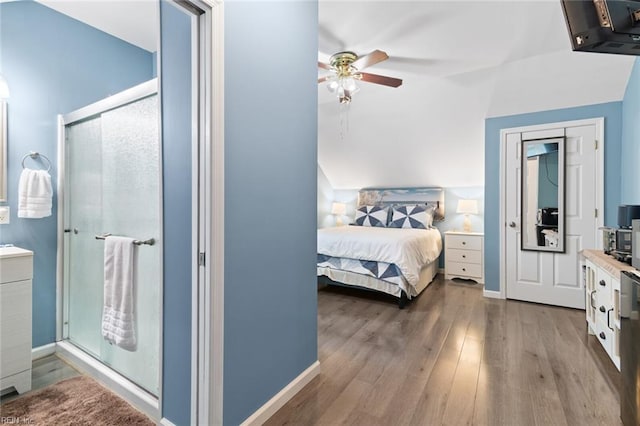 301 Ashland Ct, Newport News, VA 23606 - bedroom featuring wood finished floors, lofted ceiling, and a ceiling fan