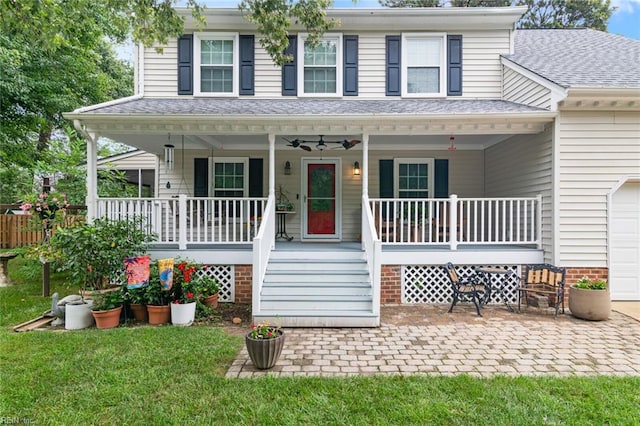 301 Ashland Ct, Newport News, VA 23606 - view of front of property featuring covered porch, a ceiling fan, a garage, and a front yard