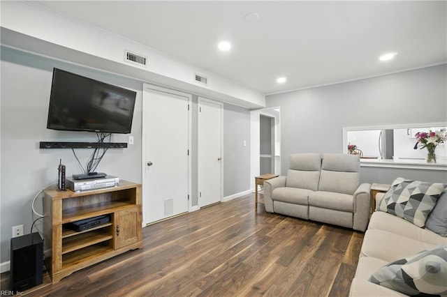 608 Woodbine Ln, Virginia Beach, VA 23452 - living room featuring dark wood-style floors, recessed lighting, and ornamental molding