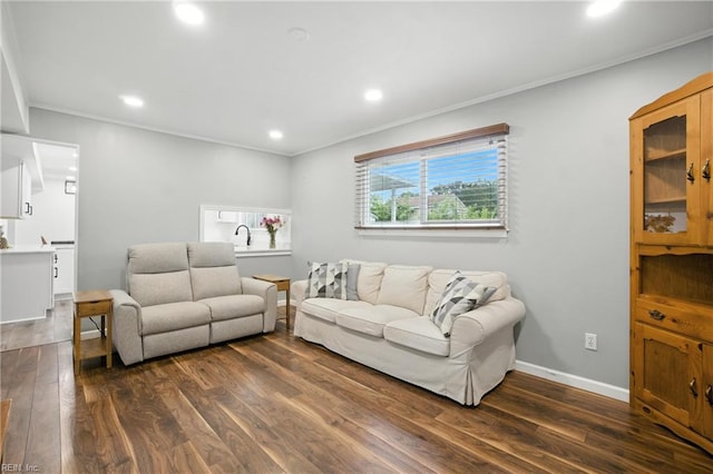608 Woodbine Ln, Virginia Beach, VA 23452 - living area with dark wood-style floors, crown molding, and recessed lighting