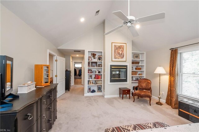 3516 Colmar Quarter Quarter, Norfolk, VA 23509 - sitting room with a ceiling fan, light carpet, built in features, and high vaulted ceiling