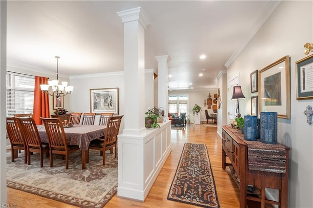 3516 Colmar Quarter Quarter, Norfolk, VA 23509 - dining area featuring ornate columns, crown molding, light wood-type flooring, a chandelier, and recessed lighting