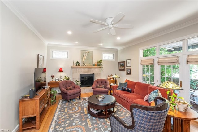 3516 Colmar Quarter Quarter, Norfolk, VA 23509 - living room featuring light wood finished floors, ornamental molding, ceiling fan, a fireplace, and recessed lighting