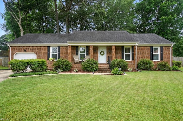 609 Robinold Ct, Chesapeake, VA 23322 - ranch-style house with brick siding, an attached garage, a front yard, and a shingled roof