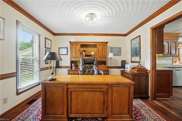 609 Robinold Ct, Chesapeake, VA 23322 - home office featuring dark wood finished floors and ornamental molding