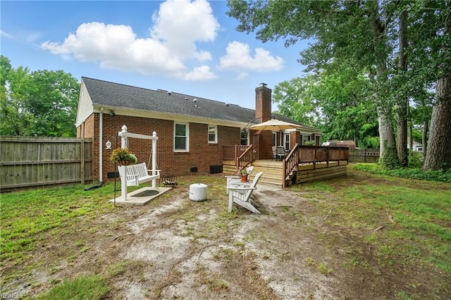 609 Robinold Ct, Chesapeake, VA 23322 - rear view of property with a chimney, a wooden deck, brick siding, and crawl space