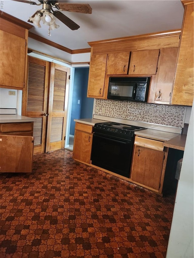 219 Cellardoor Ct, Hampton, VA 23666 - kitchen with black appliances, tasteful backsplash, a ceiling fan, ornamental molding, and brown cabinets