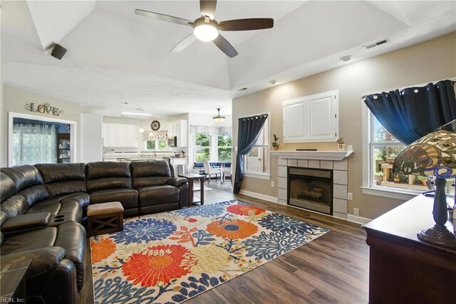 609 Trumpet Ct, Chesapeake, VA 23323 - living area featuring wood finished floors, a ceiling fan, a tile fireplace, and recessed lighting