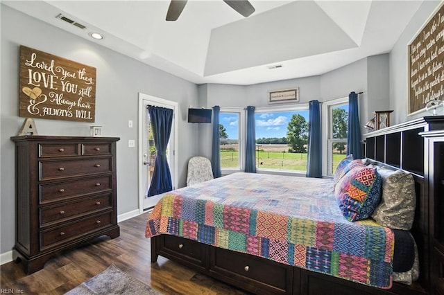609 Trumpet Ct, Chesapeake, VA 23323 - bedroom featuring dark wood-style flooring, a ceiling fan, access to outside, recessed lighting, and a tray ceiling