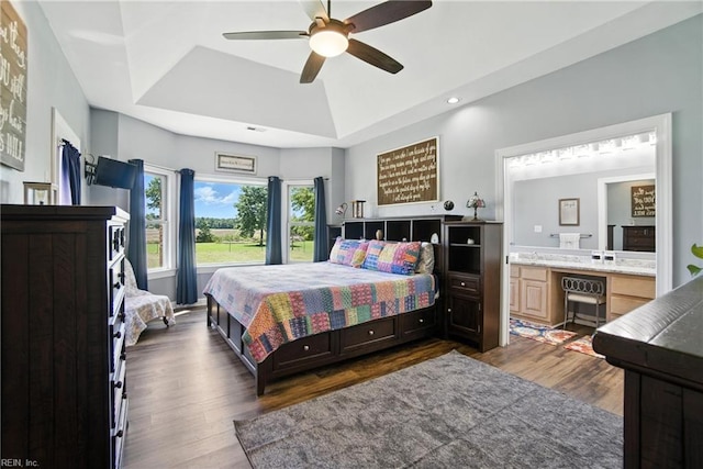 609 Trumpet Ct, Chesapeake, VA 23323 - bedroom featuring a raised ceiling, dark wood-style flooring, ensuite bath, recessed lighting, and a ceiling fan