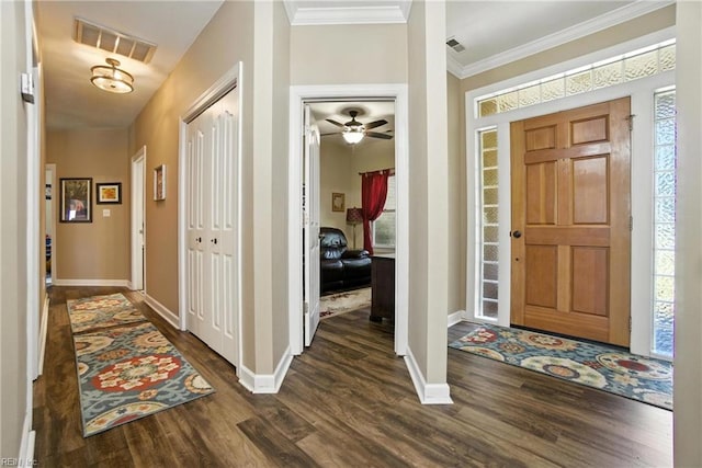 609 Trumpet Ct, Chesapeake, VA 23323 - foyer entrance with dark wood finished floors, ornamental molding, and a ceiling fan