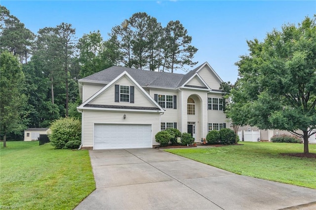 308 Queen Ct, Smithfield, VA 23430 - traditional-style house featuring concrete driveway, an attached garage, a front lawn, and roof with shingles