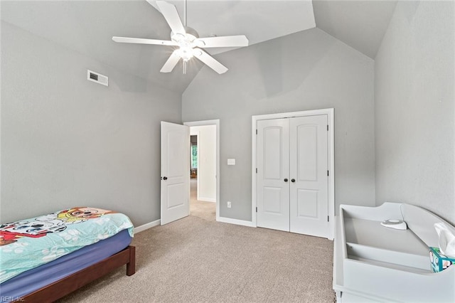 308 Queen Ct, Smithfield, VA 23430 - carpeted bedroom featuring ceiling fan, a closet, and high vaulted ceiling