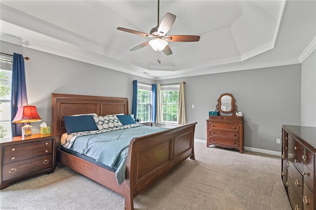 308 Queen Ct, Smithfield, VA 23430 - bedroom with a raised ceiling, light carpet, ornamental molding, and a ceiling fan