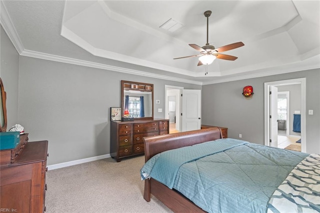 308 Queen Ct, Smithfield, VA 23430 - bedroom featuring a tray ceiling, light carpet, ornamental molding, and ceiling fan